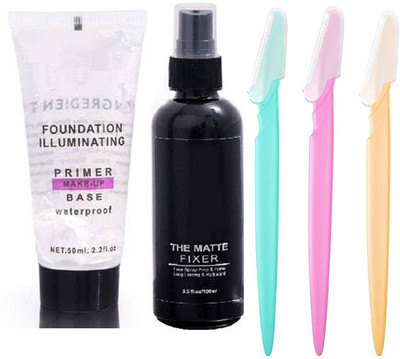 YAWI COMBO PACK FOR MATTE FIXER,TRANSPARENT PRIMER with eye brow razor(3 Items in the set)