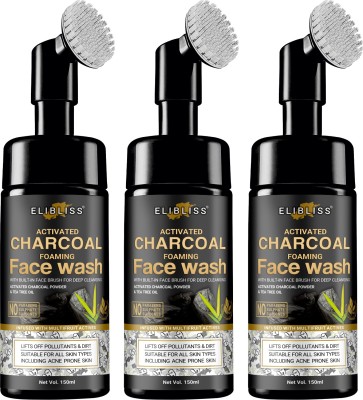 ELIBLISS Activated Charcoal for Blackheads, dark Spots & Deep Cleansing Foaming  with Built-In Face Brush Pack OF 3 Face Wash(450 ml)