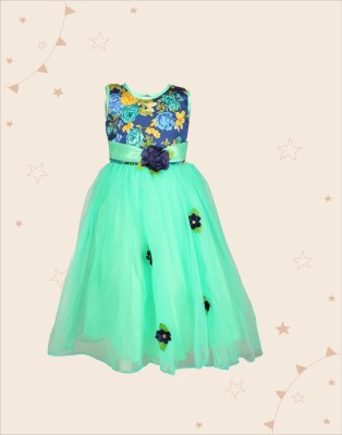 Kidotsav Girls Maxi/Full Length Party Dress(Green, Sleeveless)