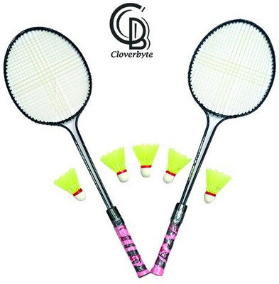 CLOVERBYTE Badminton Set Of 2 Piece Double Rod Badminton Racquet with 5 Piece Nylon Shuttle Badminton Kit