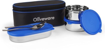 Oliveware Sophia Lunch Box | 3 Containers with Steel Spoon & Fork | School & Office Use | Insulated Fabric Bag | Leak Proof (Blue) 3 Containers Lunch Box(450 ml, Thermoware)