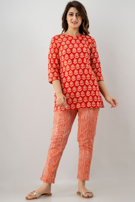 his&her Women Printed Red Top & Pyjama Set