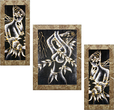 Indianara Set of 3 Tribal Women Framed Art Painting (GTSFRA0075MBR) without glass (6 X 13, 10.2 X 13, 6 X 13 INCH) Digital Reprint 13 inch x 10.2 inch Painting(With Frame, Pack of 3)