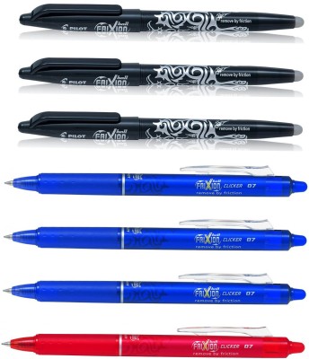 PILOT Frixion Roller Ball Pen - 0.7MM (Blue 3 , Black 3 , Red 1) Roller Ball Pen(Pack of 7, Black, Blue, Red)