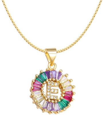ZIVOM Rainbow Initial Alphabet Letter E Gold-plated Cubic Zirconia Copper Pendant Set