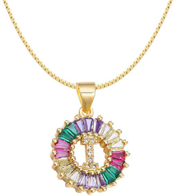 ZIVOM Rainbow Initial Alphabet Letter I Gold-plated Cubic Zirconia Copper Pendant Set