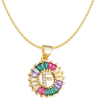 ZIVOM Rainbow Initial Alphabet Letter F Gold-plated Cubic Zirconia Copper Pendant Set