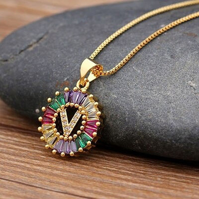 ZIVOM Rainbow Initial Alphabet Letter V Gold-plated Cubic Zirconia Copper Pendant Set