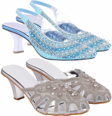 Zionk Women Heels(Silver, Blue , 6)