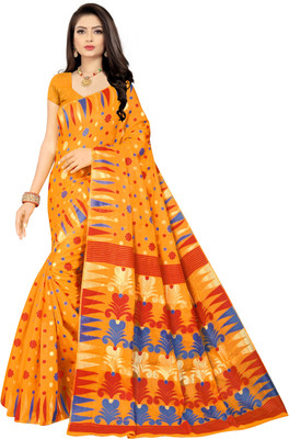 Wow Fab Printed Jamdani Pure Cotton Saree(Gold)
