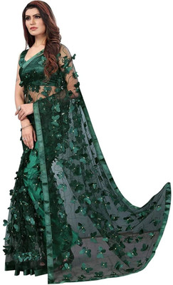 Sifoz Embroidered Assam Silk Net Saree(Green)