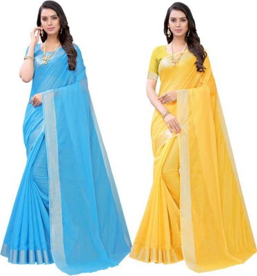 JK ETHNIC WEAR Solid/Plain Bollywood Cotton Silk Saree(Pack of 2, Light Blue, Yellow)