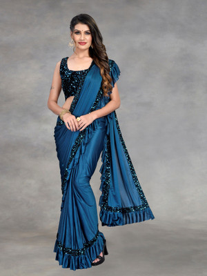 Apnisha Embellished Bollywood Lycra Blend Saree(Blue)