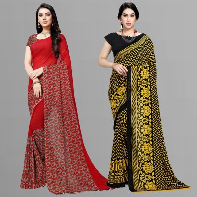 Anand Sarees Printed Daily Wear Georgette Saree(Pack of 2, Red, Black, Yellow)