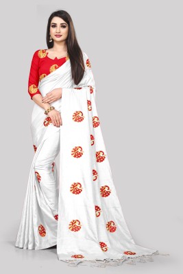 emzo Embroidered Kota Doria Art Silk Saree(White)