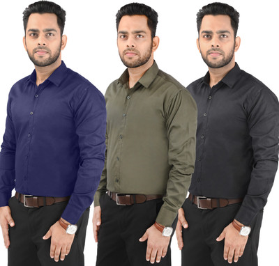 CRAFT HEAVEN Men Solid Casual Green, Black, Dark Blue Shirt(Pack of 3)