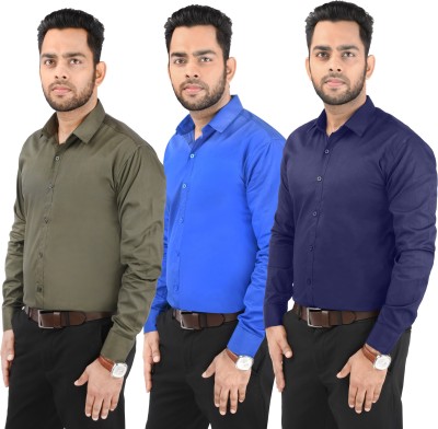 CRAFT HEAVEN Men Solid Casual Blue, Green, Dark Blue Shirt(Pack of 3)