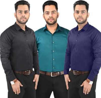 CRAFT HEAVEN Men Solid Casual Dark Green, Black, Dark Blue Shirt(Pack of 3)