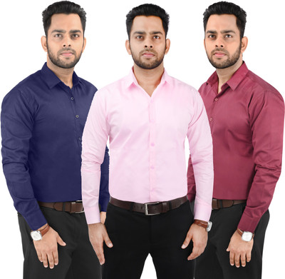 CRAFT HEAVEN Men Solid Casual Maroon, Pink, Dark Blue Shirt(Pack of 3)
