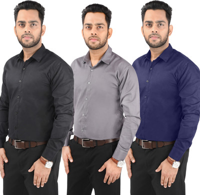 CRAFT HEAVEN Men Solid Casual Black, Grey, Dark Blue Shirt(Pack of 3)