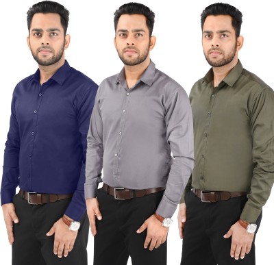 CRAFT HEAVEN Men Solid Casual Green, Grey, Dark Blue Shirt(Pack of 3)