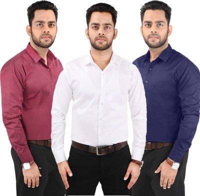 CRAFT HEAVEN Men Solid Casual Maroon, White, Dark Blue Shirt(Pack of 3)