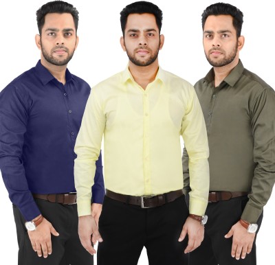 CRAFT HEAVEN Men Solid Casual Beige, Green, Dark Blue Shirt(Pack of 3)