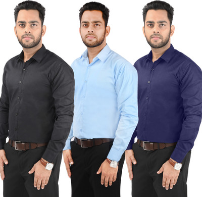 CRAFT HEAVEN Men Solid Casual Black, Light Blue, Dark Blue Shirt(Pack of 3)