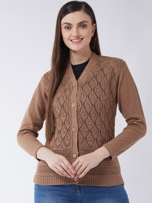 Pivl Self Design V Neck Casual Women Beige Sweater