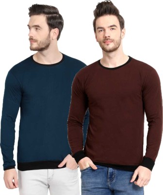 Diwazzo Solid Men Round Neck Dark Blue, Brown T-Shirt