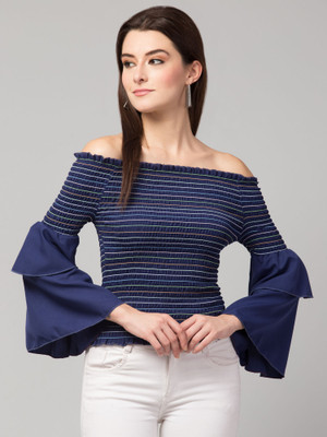Fabitto Casual Full Sleeve Striped Women Blue Top