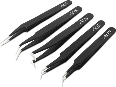 alis 5 Pcs ESD Professional Precision Non-Magnetic Stainless Steel Eyelash Tweezers Extension Combo Kit | Anti-Static Professional Tweezers Set for Eyelash Extension Tweezers – Straight, Pointed Edge, Curved, Curvy Isolation Tweezer, Volume Lash Tweezer