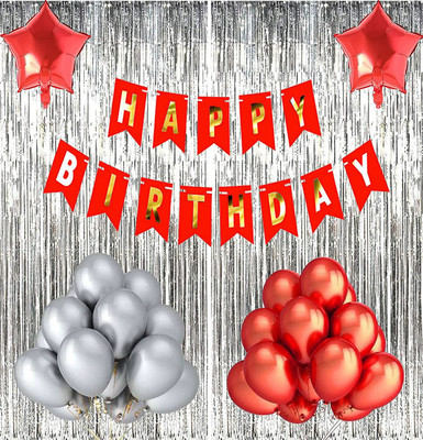 Juratical Real Store Solid Red Happy Birthday Balloon Decoration Kit with Curtain & Star Foil & 30 Metallic Balloon(Red, Silver, Pack of 35)
