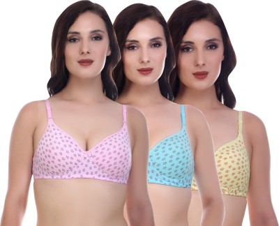 NMDK NMDK soft fabric lightly padded bra for women with medium coverage in combo pack with Trendy Design. Women T-Shirt Lightly Padded Bra(Pink, Blue, Yellow)