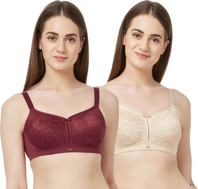 SOIE Women Full Coverage Non Padded Bra(Maroon, Beige)