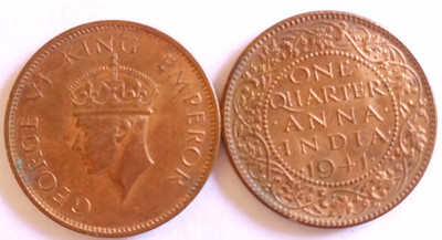 MANMAI COINS BRITISH INDIA - UNC NEW CONDITION - ¼ Anna - George VI 1941 Bronze 4.85 g 25.3 mm Medieval Coin Collection(1 Coins)