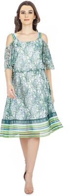 TSM Women Gathered Green Midi/Calf Length Dress