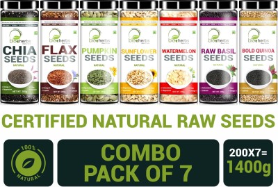 Bioherbs Certified Raw Combo Seeds Value Pack (FLax Seed,Chia Seed, Sunflower seed, Pumpkin Seed,Watermelon Seed, Basil Seed & Quinoa Seed) Basil Seeds, Brown Flax Seeds, Chia Seeds, Pumpkin Seeds, Sunflower Seeds, Watermelon Seeds, Quinoa Seeds(1400 g, Pack of 7)