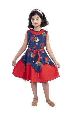 Mullick the designer Indi Girls Midi/Knee Length Casual Dress(Red, Sleeveless)