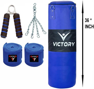 VICTORY Unfilled Heavy Punching Bag with with Boxing Hand Wrap and Hand Grip and Solid Hanging Chain , Synthetic Leather (3 Feet) Boxing Kit