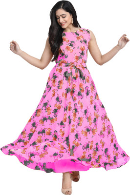 Marziyaa Women Floral Print Flared Kurta(Pink)