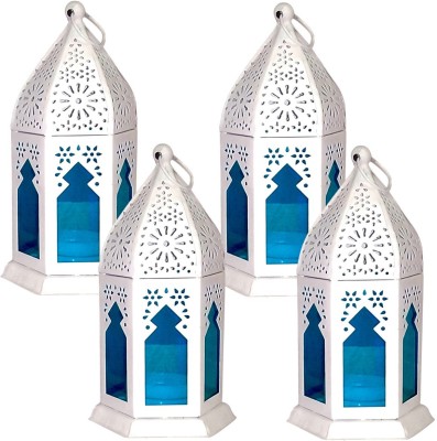 Design Crafts iron Decorative Moksha Hanging Lantern white with blue Glass/Lamp with T-Light Candle, Set of 4 White, Blue Iron Hanging Lantern(29 cm X 14 cm, Pack of 4)