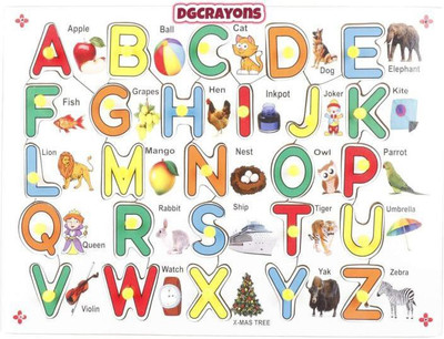 DgCrayons Wooden Colorful ABC Alphabet with Picture and Knobs Educational Tray Puzzle Board for Kids Jigsaw Puzzle- Perfect pegged Puzzles for Kid Learning Alphabet for Toddler Ages 2+(Multicolor)