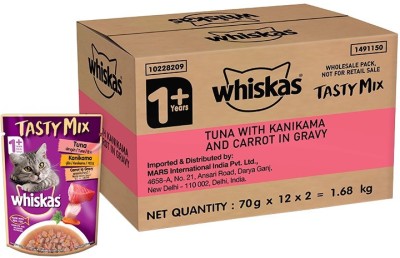 Whiskas Tasty Mix Made With Real Fish, Kanikama And Carrot in Gravy Tuna 1.68 kg (24x0.07 kg) Wet Adult Cat Food