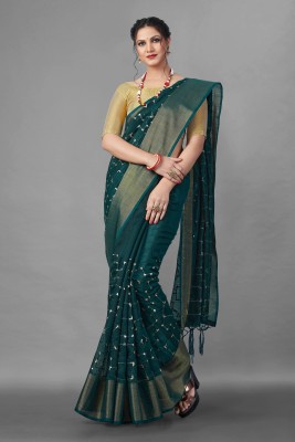 LR WORLD Embellished Bollywood Cotton Linen Saree(Dark Green)