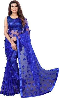 FAMILY HUB Self Design Bollywood Net Saree(Dark Blue)