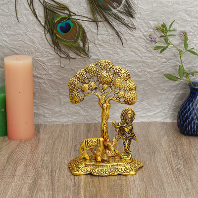 Advika Handicraft Lord Shri Krishna Plying Flute with Kamdhenu Cow Standing Under Tree Idol Decorative Showpiece  -  20 cm(Aluminium, Gold)