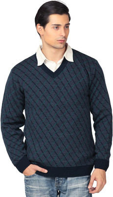 aarbee Argyle V Neck Casual Men Blue Sweater