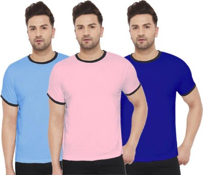 WRODSS Solid Men Round Neck Blue, Pink T-Shirt