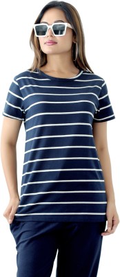 PINK GRAPES Striped Women Round Neck Blue, White T-Shirt